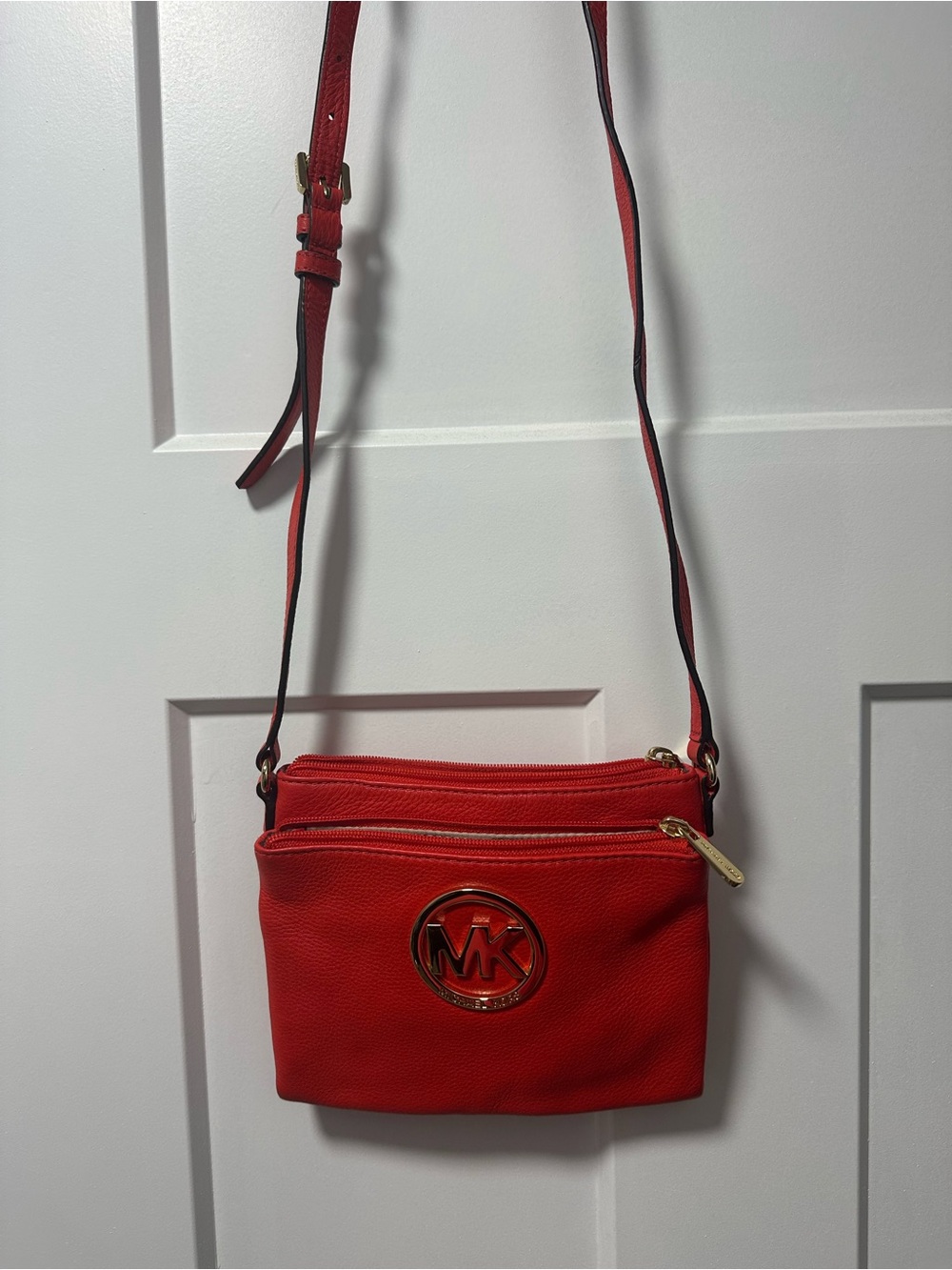 Michael Kors Red-Orange Leather Pebbled Crossbody with Gold MK Emblem